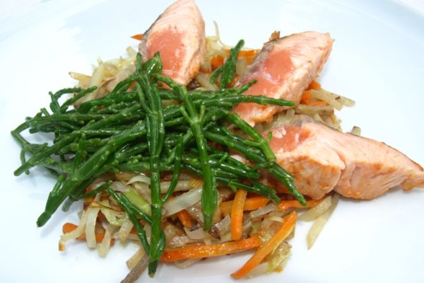Lachsfilet mit Queller und Wurzelgemüse