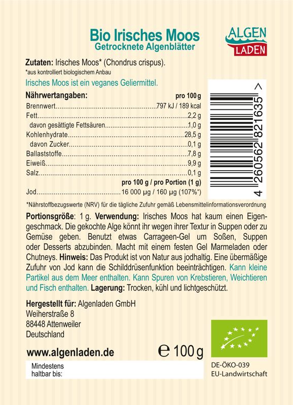 ALGENLADEN BIO Irisches Moos Blätter Etikett