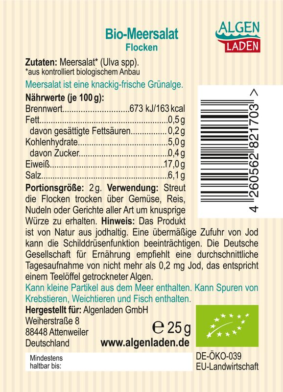 ALGENLADEN BIO Meersalat Flakes 25g Etikett