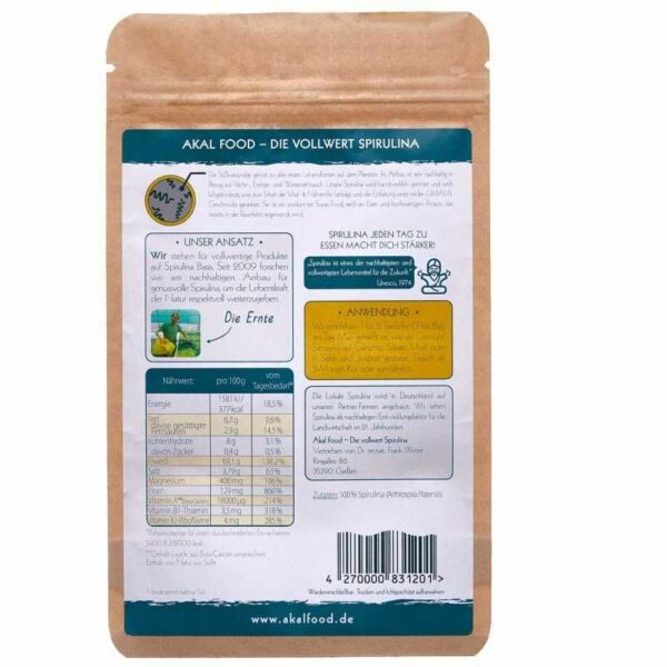 Rohkost-Spirulina Granulat aus Deutschland – Etikett
