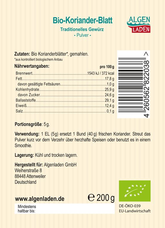 ALGENLADEN BIO Korianderblatt Pulver 200g Etikett