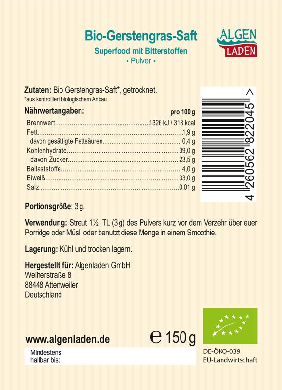 ALGENLADEN BIO Gerstengrassaft Pulver 150g Etikett