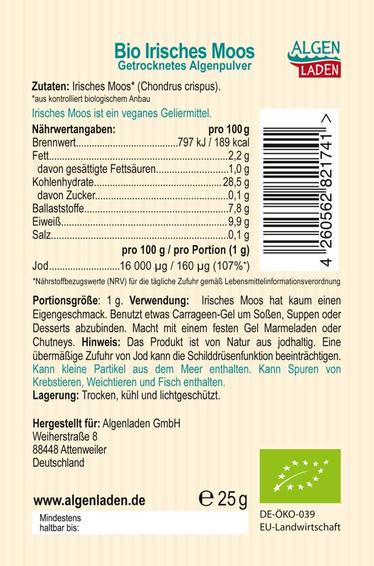ALGENLADEN BIO Irisches Moos Pulver 25g Etikett