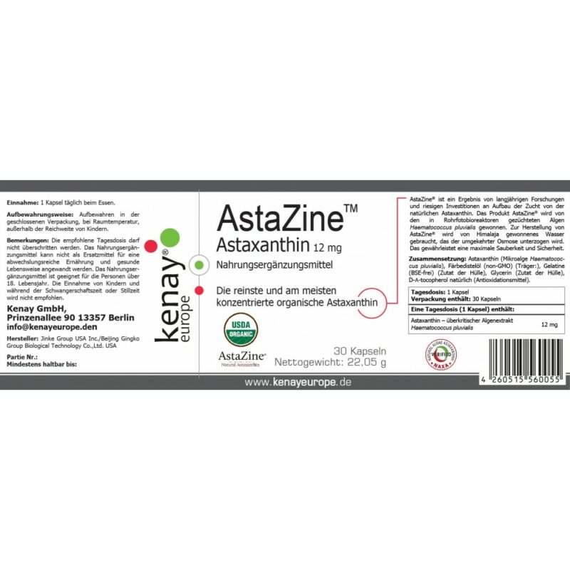 Astazine Astaxanthin 30 Kapseln Etikett