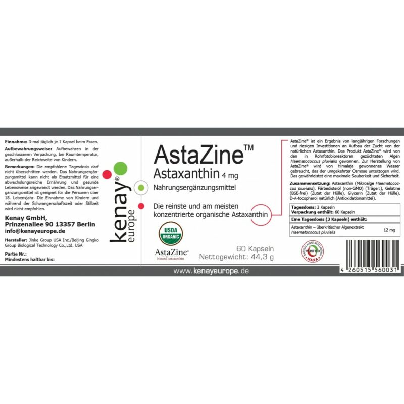 Astazine Astaxanthin 60 Kapseln Etikett