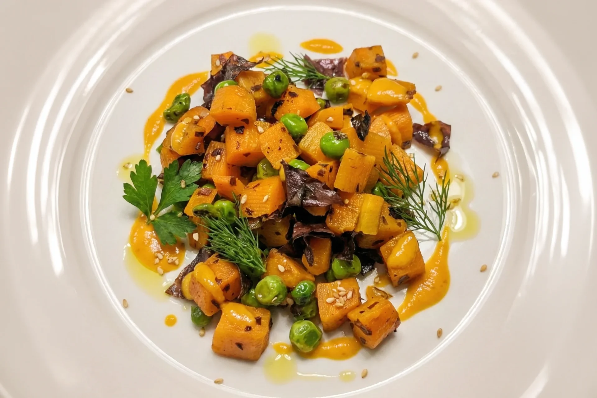 Dulse-Erbsen-Karotten angerichtet